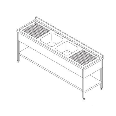 Maxima Stůl na mytí nádobí - 2 dřezy - se zadní stěnou a policí - 210 x 70 cm |  09394091